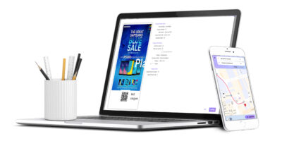 As seen on photo: Seamless user experience navigating indoors on mobile and coupon creations on laptop device.