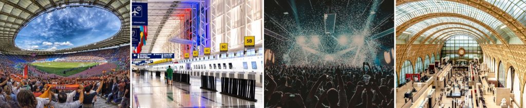 Stadium, Airport, Concert ground, Train station