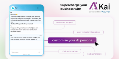 A digital interface shows a conversation listing customer support, website integration, persona customization, free services, and lead generation. Text reads "Supercharge your business with Kai powered by AWTG, an advanced AI assistant.
