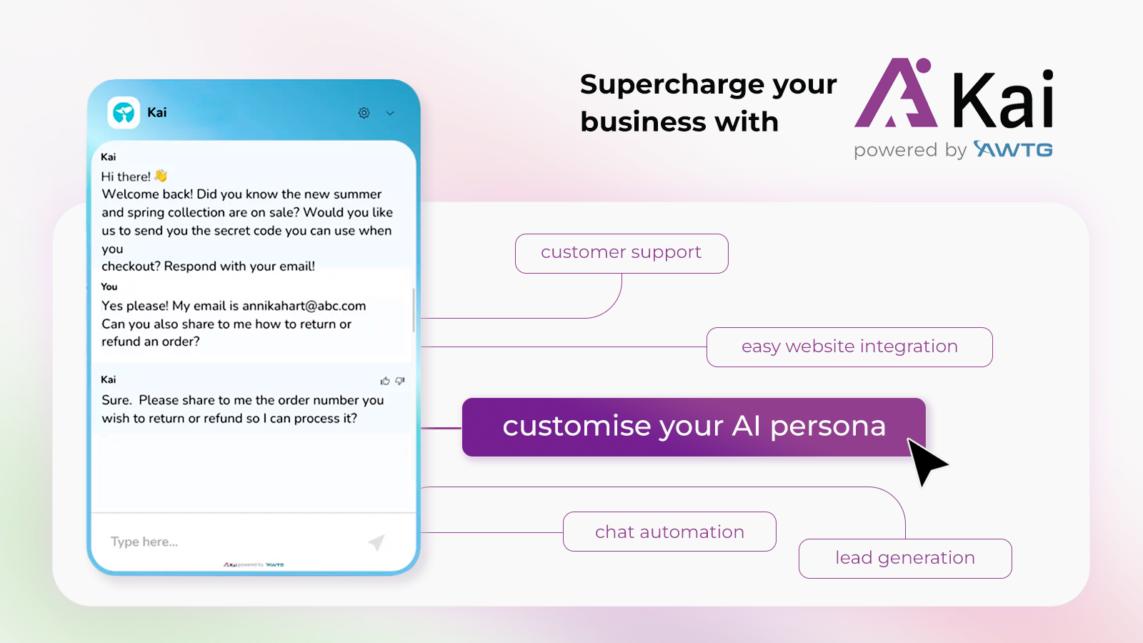 A digital interface shows a conversation listing customer support, website integration, persona customization, free services, and lead generation. Text reads "Supercharge your business with Kai powered by AWTG, an advanced AI assistant.