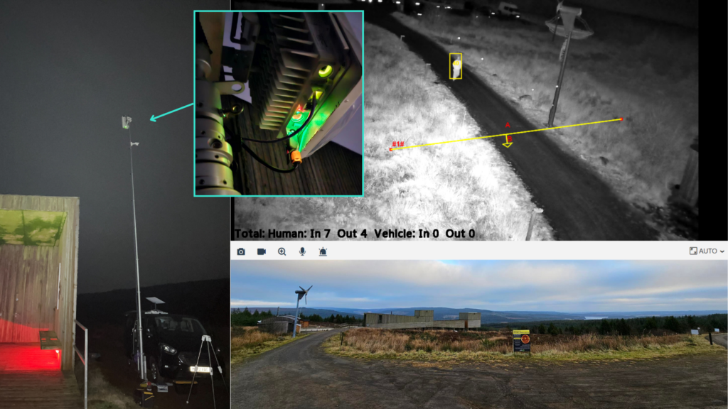 (L) Pop-Up 5G O-RAN setup outside the Kielder Observatory; (Upper R) Screen grab from the people counting application; (Lower R) Kielder Observatory
